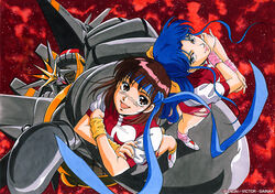  2girls amano_kazumi blue_headband gunbuster headband iida_fumio leotard mecha multiple_girls pink_leotard robot super_robot takaya_noriko top_wo_nerae! 