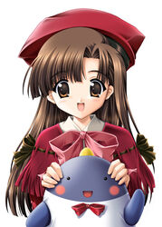  :d beret bird black_bow bow brown_eyes brown_hair comic_party female hat ikegami_akane long_hair looking_at_viewer mikage_subaru open_mouth penguin pink_bow red_bow red_hat shawl simple_background smile solo upper_body white_background yoshio_(leaf) 