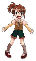  bad_id brown_eyes brown_socks c-chaos checkered_shorts female hair_bobbles hair_ornament kyon&#039;s_sister long_sleeves looking_at_viewer lowres open_mouth ponytail shorts side_ponytail simple_background socks solo suzumiya_haruhi_no_yuuutsu white_background 