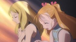  2girls anime_screenshot blonde_hair blush closed_eyes crossed_arms floe_(simoun) hair_ribbon jewelry long_hair multiple_girls necklace open_mouth orange_hair ribbon sad short_twintails simoun sleeveless tears turtleneck twintails yun_(simoun) 