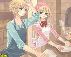  1boy apron asura_fantasy_online blonde_hair blue_eyes cooking elf female green_eyes kitchen kuga_tsukasa long_sleeves lowres maid omc photoshop_(medium) pointy_ears 