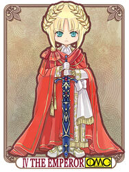  arturia_shuttleheim asura_fantasy_online blonde_hair blue_eyes cape chibi chibi_only female kuga_tsukasa long_sleeves lowres omc photoshop_(medium) solo sword weapon 