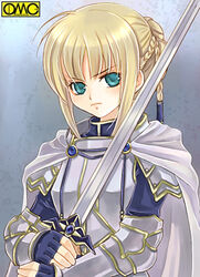  armor arturia_shuttleheim asura_fantasy_online blonde_hair cape female kuga_tsukasa lowres omc photoshop_(medium) solo sword weapon 