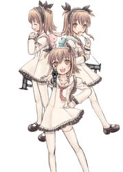  3girls animal_bag chaudlapin closed_eyes coyote_ragtime_show diesse eating gun light_brown_hair long_sleeves multiple_girls nove_(coyote_ragtime_show) oct open_mouth rabbit_bag short_hair thighhighs weapon yellow_eyes 