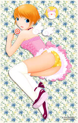  alice_vysochina angel_wings blue_eyes blush candy collar copyright_request dress female food lollipop mini_wings orange_hair panties print_panties rabbit short_hair solo swirl_lollipop thighhighs underwear white_thighhighs wings yellow_panties 