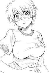  blush breasts cynthia_the_mission female glasses greyscale gym_uniform inue_shinsuke large_breasts lowres monochrome short_hair solo takaya_kanae 