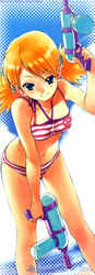  bikini blonde_hair blue_eyes female furudori_yayoi highres holding holding_water_gun photoshop_(medium) sasamori_karin solo stick_poster striped_bikini striped_clothes swimsuit to_heart_(series) to_heart_2 water_gun 