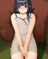  black_hair blush dress duplicate female grey_eyes hizashi_no_naka_no_real long_hair pillow sitting solo tsutsumi_kinuka yukiyoshi 