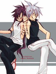  2boys :d alternate_costume artist_name back-to-back bakuten_shoot_beyblade bare_shoulders beyblade black_hair blush bondage bondage bound bound_wrists casual checkered closed_eyes couple crossed_legs denim grey_background grey_hair hair_between_eyes happy head_tilt heads_together hiwatari_kai holding_hands interlocked_fingers jeans jewelry jpeg_artifacts kon_rei long_hair makiko_(utage-ya) male_focus multicolored_hair multiple_boys necklace open_mouth pants parted_bangs shirt shoes sidelocks simple_background sitting sleeping sleeveless sleeveless_shirt sleeveless_turtleneck smile spiked_hair turtleneck two-tone_hair very_long_hair white_background yaoi 