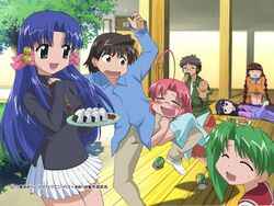  2boys 5girls alcohol aoba_kozue artist_request beer chanohata_tamami everyone food fruit green_hair haibara_yukio kurosaki_asami kurosaki_sayoko long_sleeves mahoraba momono_megumi multiple_boys multiple_girls onigiri ryuusei_johnny shiratori_ryuushi umeboshi 