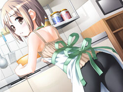  apron ass bike_shorts blush bowl brown_eyes dutch_angle female glass hiide kitchen microwave nekomiya_nono ribbon short_hair solo spandex utensil_rack yotsunoha 