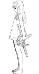  angelica_(gunslinger_girl) b&amp;t_mp9 bare_arms dress female folding_stock foregrip from_side full_body greyscale gun gunslinger_girl holding holding_gun holding_weapon long_hair looking_at_viewer looking_to_the_side monochrome optical_sight profile short_dress simple_background solo standing submachine_gun suppressor thighhighs vertical_foregrip weapon yu_65026 