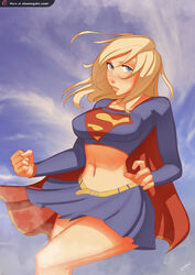  belly beltskirt blonde_hair blue_eyes blue_skirt cape dc dc_comics female freckles long_hair navel nipples_visible_through_clothing sillygirl sinnergate skirt solo standing supergirl yellow_belt 