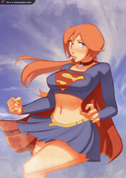  blue_eyes cape cosplay dc dc_comics female freckles navel orange_hair sillygirl sillygirl_(character) solo standing supergirl_(cosplay) tied_hair twintails 