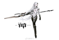  black_gloves breasts center_opening cleavage copyright_name expressionless female floating_hair full_body gloves hair_between_eyes headgear highres holding holding_polearm holding_weapon km2o4 legs_together leotard logo long_hair long_sleeves looking_at_viewer mechanical_legs medium_breasts navel official_art polearm shoulder_belt solo standing stomach tachi-e underbust very_long_hair weapon weibo_logo weibo_watermark went_refactor white_background white_eyes white_hair white_leotard yazi_(went_refactor) 