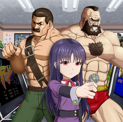  2boys abs arcade arcade_cabinet beard blue_eyes brown_eyes brown_hair chest_hair clenched_hand coin commentary_request dress facial_hair female final_fight green_pants guile high_score_girl highres indoors long_sleeves mike_haggar mohawk moustache multiple_boys muscular navel neck_ribbon oono_akira pants pink_eyes pink_ribbon poster_(object) purple_dress purple_hair ribbon standing street_fighter taka_(takahirokun) veins zangief 