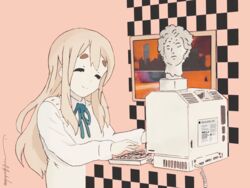  ^_^ absurdres apple_inc. blonde_hair blue_ribbon checkered closed_eyes closed_mouth commentary computer computer_keyboard english_commentary female helios_(mythology) highres k-on! kotobuki_tsumugi long_hair long_sleeves macintosh macintosh_plus_(band) majorpentatonix md5_mismatch mixed-language_commentary ocean pastel_colors photo_(object) photoshop_(medium) picture_frame resolution_mismatch ribbon sakuragaoka_high_school_uniform school_uniform sculpture short_eyebrows signature skyline solo source_smaller sunset thick_eyebrows typing vaporwave winter_uniform yacht 