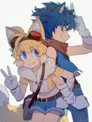  2boys absurdres animal_ears bag bandaged_arm bandages bare_shoulders belt belt_buckle black_shirt blonde_hair blue_eyes blue_hair blue_shorts buckle c52278 closed_mouth commentary_request crop_top fox_boy fox_ears fox_tail fur_trim gloves goggles goggles_on_head green_eyes grin handbag highres humanization locked_arms looking_at_another male_focus midriff multiple_boys navel shirt short_shorts short_sleeves shorts sideways_mouth sleeveless smile sonic_(series) sonic_boom_(series) sonic_the_hedgehog tail tails_(sonic) v vest white_gloves zipper zipper_pull_tab 