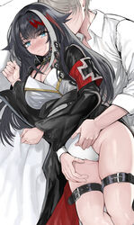  1boy armband azur_lane black_choker black_hair blonde_hair blue_eyes blush breasts choker commentary_request cross cuddling deutschland_(azur_lane) female highres iron_cross multicolored_hair shirt streaked_hair takeakigaku thick_thighs thigh_strap thighs white_shirt 