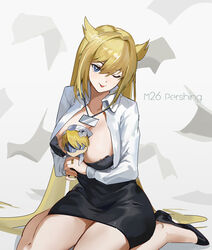  +_+ ;p ash_arms black_dress black_footwear blue_eyes blush breasts character_doll dress female highres long_hair looking_at_viewer m26_pershing_(ash_arms) one_eye_closed sitting smile solo tongue tongue_out ushas very_long_hair wariza 