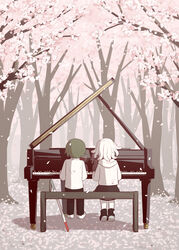  1boy :d absurdres avogado6 bench black_footwear black_pants black_skirt blind boots cane cherry_blossoms commentary female forest from_behind grand_piano green_hair highres hood hood_down hooded_jacket instrument jacket long_sleeves music nature on_bench open_mouth original outdoors pants petals piano playing_instrument playing_piano reflection shirt shoes sitting skirt smile snake_hair tree white_cane white_footwear white_hair white_jacket white_shirt 