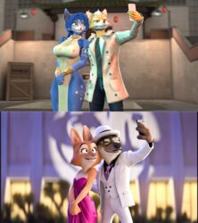  3d_(artwork) anthro astro_catmew blurred_background bundled_up canid canine canis canon_couple clothing coat diane_foxington digital_media_(artwork) dreamworks duo facial_hair fangs female fox fox_mccloud hi_res jacket krystal_(star_fox) leaning leaning_on_another male male/female mammal moustache mr._wolf_(the_bad_guys) nintendo pose reference_image romantic romantic_couple selfie smile smirk star_fox suit suit_jacket team_fortress_2 teeth the_bad_guys topwear valve warfare_fox warfare_krystal warfare_machine widescreen wolf 