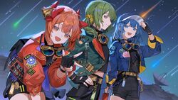  3girls :d absurdres backpack bad_id bad_twitter_id bag bell bellko_(rbb) belt black_bag black_choker black_gloves black_shorts blue_eyes blue_hair blue_jacket bow choker chyoel fingerless_gloves gloves goggles goggles_around_neck green_eyes green_hair green_jacket hair_bell hair_ornament hairbow hamko_(rbb) hand_on_headwear hand_up highres jacket ketsuko_(rbb) leaning_forward looking_at_viewer medium_hair multiple_girls night night_sky oerba_yun_fang open_clothes open_jacket open_mouth orange_eyes orange_hair orange_jacket outdoors rainybluebell red_bow shooting_star short_shorts shorts sky smile w wristband yellow_belt 