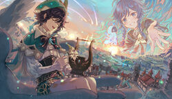  2boys argyle_clothes argyle_legwear barbatos_(genshin_impact) beret black_hair blue_eyes blue_hair blush bow braid brown_cloak building cape cloak closed_eyes cloud cloudy_sky comet csyday day detached_wings dvalin_(genshin_impact) elemental_(creature) english_commentary flower frilled_sleeves frills gem genshin_impact gradient_hair green_headwear hair_ornament hat hat_flower holding holding_instrument hood hood_up instrument jewelry leaf light_particles long_sleeves looking_at_viewer lyre male_focus mondstadt_city multicolored_hair multiple_boys nameless_bard_(genshin_impact) open_mouth outdoors outstretched_hand pantyhose pinwheel ribbon simple_background sitting sky smile tassel town tree twin_braids venti_(genshin_impact) vision_(genshin_impact) white_flower white_pantyhose windmill wings 