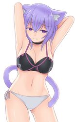  animal_ear_fluff animal_ears armpits arms_behind_head arms_up black_bra black_choker bra breasts cat_ears cat_girl cat_tail choker collarbone commentary cowboy_shot female hair_between_eyes highres hololive large_breasts looking_at_viewer navel nekomata_okayu noise_(tsuzuki) panties purple_eyes purple_hair short_hair side-tie_panties simple_background smile solo split_mouth tail underwear underwear_only virtual_youtuber white_background white_panties 