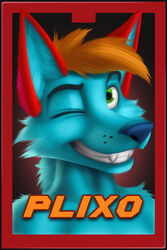  2:3 anthro badge blakefox blue_body blue_fur border bust_portrait digital_media_(artwork) front_view fur green_eyes grin hair hi_res name_badge nude one_eye_closed orange_hair plixo plixofox portrait red_border smile solo wink 