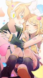  1boy arm_warmers asagao_minoru bare_shoulders black_sailor_collar blonde_hair blue_eyes blush bow brother_and_sister carrying closed_eyes commentary female grin hair_ornament hairbow hairclip hand_on_another&#039;s_shoulder hand_to_own_mouth happy headphones heart-shaped_petals highres kagamine_len kagamine_rin leg_warmers looking_at_viewer nail_polish neckerchief necktie open_mouth petals princess_carry sailor_collar school_uniform shirt short_hair short_ponytail short_sleeves shoulder_tattoo siblings smile spiked_hair swept_bangs tattoo twins upper_body vocaloid white_bow white_shirt yellow_nails yellow_neckerchief yellow_necktie 