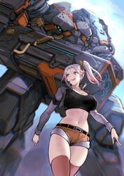  absurdres belt black_belt black_shirt breasts brown_shorts bustier cannon cropped_jacket female final_gear from_below gradient_hair grey_jacket hair_between_eyes highres jacket jewelry large_breasts long_hair long_sleeves looking_at_another mecha midriff multicolored_hair navel necklace oerba_yun_fang open_clothes open_jacket open_mouth parted_bangs pink_hair pink_thighhighs procreate_(medium) robot rowkiba shirt short_shorts shorts side_ponytail smile solo solveig_(final_gear) stomach thighhighs thighs weapon white_hair 