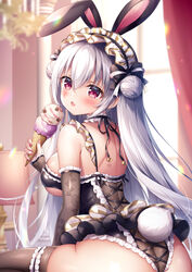  animal_ears bare_shoulders black_leotard blurry blurry_background breasts brown_thighhighs commentary_request curtains depth_of_field double_bun double_scoop female food frilled_leotard frills grey_hair hair_between_eyes hair_bun holding holding_food ice_cream ice_cream_cone indoors kyuketsuki-chan_(mitsuba_choco) large_breasts leotard long_hair looking_at_viewer looking_back mitsuba_choco oerba_yun_fang original parted_lips rabbit_ears rabbit_tail red_eyes sitting skindentation solo sunlight tail thighhighs very_long_hair window 