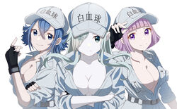  3girls baseball_cap black_gloves blue_hair blunt_bangs breasts cleavage commentary_request crossed_arms elu_pom eyes_visible_through_hair fingerless_gloves frown gloves grey_hair grey_headwear hair_between_eyes hair_over_one_eye hand_up hat hataraku_saibou hataraku_saibou_black highres large_breasts long_hair multiple_girls pale_skin pink_hair short_hair simple_background smile u-1196 u-1212 u-8787 upper_body white_background white_blood_cell_(hataraku_saibou) 