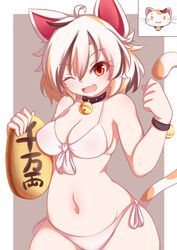  ;3 absurdres animal_ears bad_id bad_pixiv_id bell bikini breasts cat_ears cat_girl cat_tail choker coin dior-zi female front-tie_bikini_top front-tie_top gold goutokuji_mike highres koban_(gold) medium_breasts medium_hair multicolored_hair navel neck_bell oerba_yun_fang one_eye_closed orange_eyes swimsuit tail touhou white_bikini wristband 