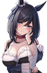  animal_ears black_hair blue_eyes blue_ribbon blue_sleeves breasts cleavage closed_mouth commentary ear_ribbon eishin_flash_(umamusume) female hair_between_eyes highres horse_ears horse_girl large_breasts looking_at_viewer official_alternate_hairstyle ribbon short_hair simple_background solo swept_bangs umamusume upper_body white_background ym_(distance819) 