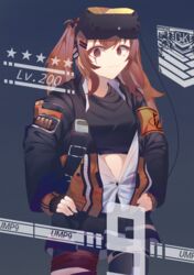  :3 armband black_gloves black_jacket black_pantyhose black_shirt black_skirt brown_hair character_name female fingerless_gloves girls&#039;_frontline gloves grey_background hair_between_eyes hair_ornament hand_on_own_hip head-mounted_display highres jacket kashiko_(kshiko1) long_sleeves looking_at_viewer looking_back pantyhose scar scar_across_eye shirt simple_background skirt smile solo twintails ump9_(girls&#039;_frontline) ump9_(mod3)_(girls&#039;_frontline) yellow_armband 