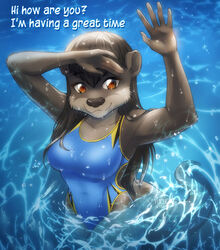  2022 anthro arm_tuft breasts brown_eyes brown_hair clothing dialogue elbow_tuft english_text eyebrow_through_hair eyebrows eyelashes female gesture hair long_hair looking_at_viewer mammal mustelid nat_(mykegreywolf) one-piece_swimsuit otter partially_submerged shoulder_tuft smile smiling_at_viewer solo sport_swimsuit swimwear text topwear translucent translucent_hair tuft water waving wet yuichi-tyan 