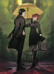  1boy bag black_coat black_dress black_footwear black_gloves black_hair black_legwear boots buttons coat coat_on_shoulders double-breasted dress dress_shoes eclipse female gloves hair_ornament hair_slicked_back hairclip hand_in_pocket high_ponytail highres holding holding_bag holding_umbrella long_sleeves mochizuki_ryouji neekosiah pantyhose persona persona_3 persona_3_portable puddle red_eyes red_hair shared_umbrella shiomi_kotone socks solar_eclipse umbrella x_hair_ornament yellow_umbrella 