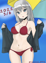  beach_umbrella bikini black_cardigan blue_eyes blue_sky breasts cardigan cardigan_pull commentary cowboy_shot dated day female girls_und_panzer grey_hair halterneck hanasan_0714 highres itsumi_erika looking_at_viewer medium_breasts medium_hair navel open_cardigan open_clothes open_mouth outdoors pulling_own_clothes red_bikini side-tie_bikini_bottom sky smile solo standing swimsuit twitter_username umbrella 