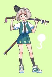  :d alison_(alison_airlines) arms_up black_hairband black_necktie black_socks blunt_bangs blush bob_cut collared_shirt female full_body green_background green_skirt green_vest grey_hair hairband highres hitodama_print katana knees konpaku_youmu konpaku_youmu_(ghost) miniskirt necktie open_mouth puffy_short_sleeves puffy_sleeves shirt shoes short_hair short_sleeves skirt smile sneakers socks solo sword touhou vest weapon white_shirt 