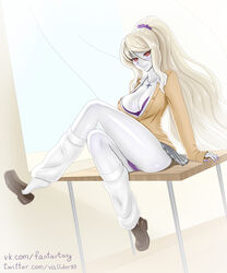  arm_support blonde_hair blush bra breasts brown_footwear buttons cameltoe cleavage closed_mouth commentary commission cross cross_necklace crossed_legs extreme_dangling female full_body grey_skirt gyaru hair_between_eyes hair_ornament hair_scrunchie jewelry large_breasts leg_warmers legs long_hair long_sleeves looking_at_viewer monster_girl_encyclopedia nail_polish necklace pale_skin panties partially_unbuttoned pleated_skirt ponytail purple_bra purple_nails purple_panties purple_scrunchie red_eyes scrunchie shoe_dangle sidelocks sitting skirt sleeves_past_wrists smile solo thighs twitter_username underwear valldor very_long_hair vkontakte_username wight_(monster_girl_encyclopedia) 