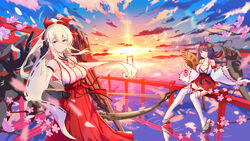  2girls :d bird black_gloves black_legwear blonde_hair blue_oath bow bow_(weapon) breasts brown_hair cherry_blossoms cleavage closed_mouth cloud commentary_request detached_sleeves elbow_gloves flower geta gloves grey_eyes hair_between_eyes hair_flower hair_intakes hair_ornament hairbow hakama hakama_skirt hand_fan hand_in_own_hair highres hiryuu_(blue_oath) holding holding_bow_(weapon) holding_fan holding_weapon japanese_clothes lens_flare long_hair medium_breasts mountain mountainous_horizon multiple_girls obi ocean on_railing open_mouth outdoors partially_fingerless_gloves petals ponytail railing red_skirt rigging rudder_footwear sash side_slit sidelocks sitting skirt sky smile souryuu_(blue_oath) standing sun sunset thighhighs torii very_long_hair vic_(user_ztdh7374) water water_drop weapon white_legwear wide_sleeves yellow_eyes 