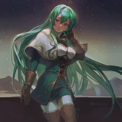  arm_up boots dress erinys_(fire_emblem) female fire_emblem fire_emblem:_genealogy_of_the_holy_war gloves green_eyes green_hair highres long_hair looking_at_viewer pants picnicic snow snowing thigh_boots thighhighs very_long_hair 