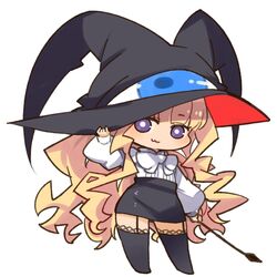  :3 black_skirt black_thighhighs blonde_hair breasts chibi closed_mouth female full_body garter_straps hat lilith_(yamibou) long_hair looking_at_viewer mota purple_eyes simple_background skirt smile solo thighhighs very_long_hair wavy_hair white_background witch_hat yami_to_boushi_to_hon_no_tabibito 