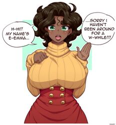  absurdres breast_suppress breasts brown_hair buttons curvy dark-skinned_female dark_skin double-breasted english_commentary english_text female freckles green_eyes hair_intakes hand_on_own_chest hands_up high-waist_skirt highres huge_breasts lips long_sleeves looking_at_viewer medium_hair open_mouth original parted_bangs red_skirt ribbed_sweater simmsy simple_background skirt solo speech_bubble straight-on sweater turtleneck turtleneck_sweater upper_body very_dark_skin waving wide_hips yellow_sweater 