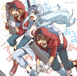  2boys :o aa-2153 ac-1677 ahoge banchii baseball_cap black_gloves blue_eyes breasts brown_eyes brown_hair cabbie_hat canister carrying carrying_under_arm cleavage closed_eyes commentary_request cosplay female glasses gloves grey_hair hair_over_one_eye hat hataraku_saibou hataraku_saibou_black highres jacket large_breasts long_hair multiple_boys no_bra open_mouth red_blood_cell_(hataraku_saibou) red_blood_cell_(hataraku_saibou)_(cosplay) red_footwear red_headwear red_jacket running shirt short_hair simple_background sweat twitter_username u-1196 white_background white_blood_cell_(hataraku_saibou) white_gloves white_shirt 