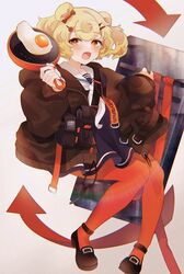  animal_ears arknights arrow_(symbol) bear_ears bear_girl black_footwear black_jacket blonde_hair blue_dress blush candy_hair_ornament commentary_request dress egg female food-themed_hair_ornament frying_pan gummy_(arknights) hair_ornament highres jacket open_mouth orange_eyes orange_pantyhose pantyhose shield solo takumi_mizuki 