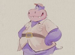  2023 anthro baddie_holly belly big_belly clothing common_hippopotamus hanna-barbera hat headgear headwear hi_res hippopotamid mammal overweight peter_potamus purple_body shirt simple_background solo the_peter_potamus_show topwear 