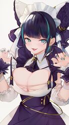  aqua_eyes aqua_hair aqua_nails azur_lane blue_hair blush bow breasts cheshire_(azur_lane) claw_pose cleavage cleavage_cutout clothing_cutout commentary cowboy_shot dress earrings english_commentary female grey_background hairbow jewelry large_breasts looking_at_viewer maid_headdress multicolored_hair nail_polish nido_celisius oerba_yun_fang open_mouth paw_pose purple_dress short_hair simple_background smile solo streaked_hair two-tone_hair wing_collar wrist_cuffs 